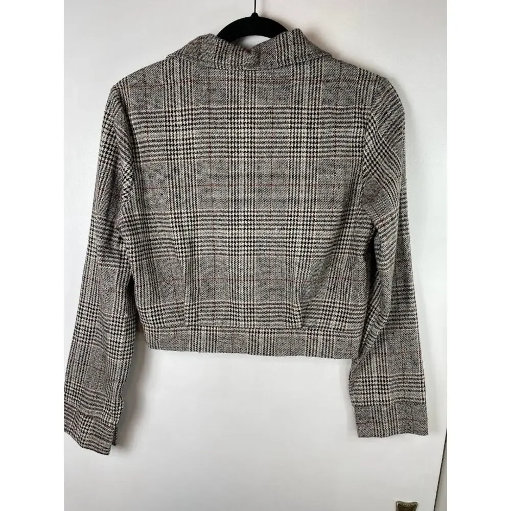 Plaid Jacket Womens Small Cropped Herringbone Shacket Button Light Weight Top